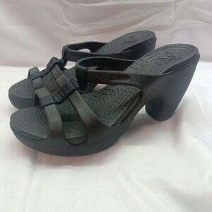Crocs Cyprus IV Black Strappy High Heel Sandals Mules Womens 7 Rare Sample Beach